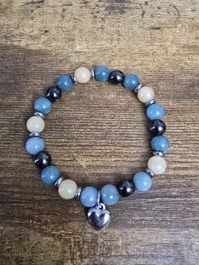 Blue & Cream Heavy Stone Beaded Stretch Bracelet with Heart Charm
